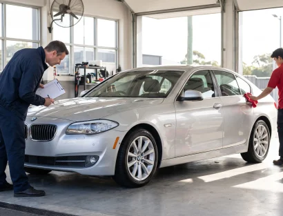 A man in navy overalls reviews a checklist on a clipboard while another worker in red wipes down a silver BMW sedan in a bright detailing garage.