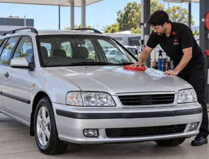 An attendant in a black branded polo wipes the hood of a silver station wagon with a red microfiber cloth at a car wash.