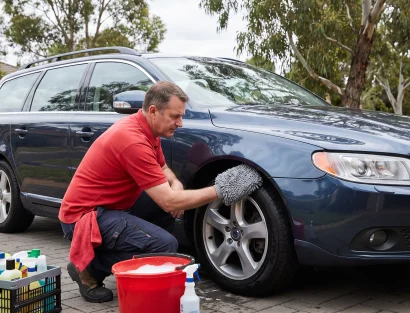 A man in a red shirt kneels to scrub the alloy wheel of a dark blue Volvo wagon with a wash mitt, with a red bucket and cleaning supplies nearby.