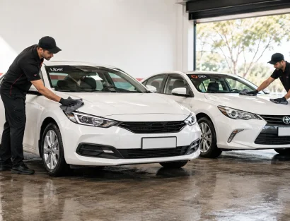 Two uniformed detailers in matching black outfits and caps hand-dry the hoods of white rideshare sedans (marked Uber and DiDi) inside a bright detailing garage.